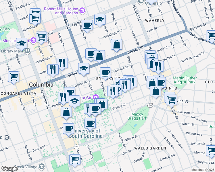 map of restaurants, bars, coffee shops, grocery stores, and more near Pendleton Street in Columbia