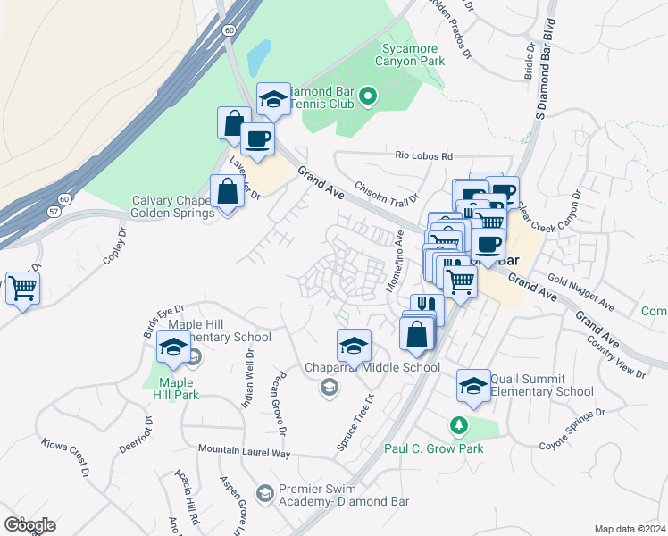map of restaurants, bars, coffee shops, grocery stores, and more near 22809 Chardonnay Drive in Diamond Bar