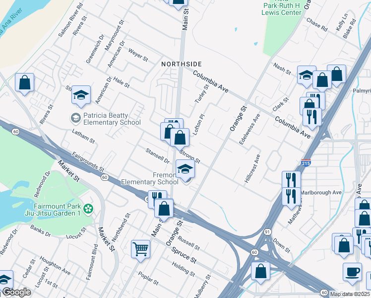 map of restaurants, bars, coffee shops, grocery stores, and more near 3745 Strong Street in Riverside