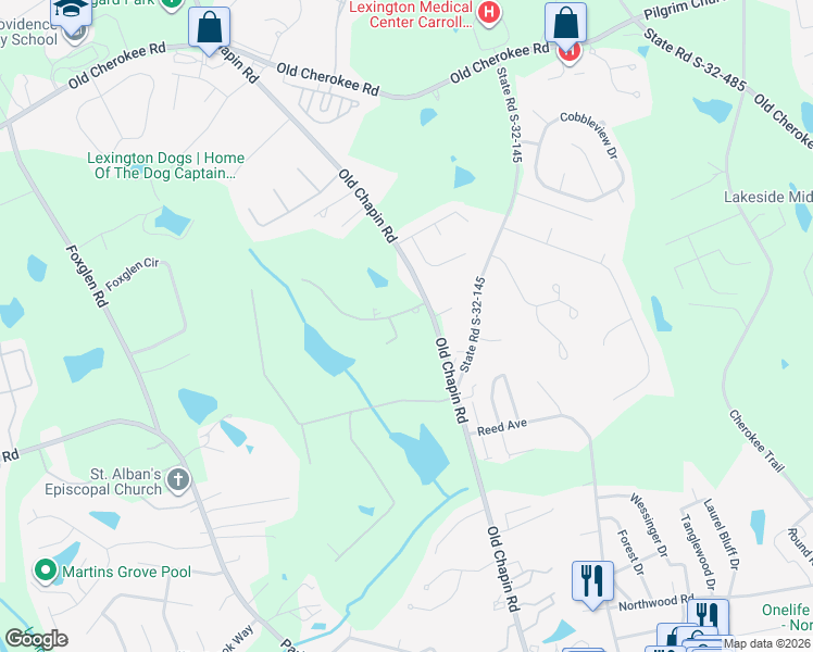 map of restaurants, bars, coffee shops, grocery stores, and more near 107 Sharon Lake Court in Lexington