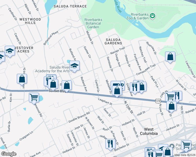 map of restaurants, bars, coffee shops, grocery stores, and more near 908 Central Drive in West Columbia