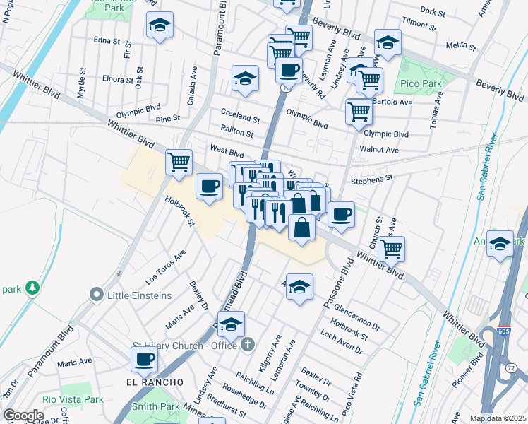 map of restaurants, bars, coffee shops, grocery stores, and more near 9070 Whittier Boulevard in Pico Rivera