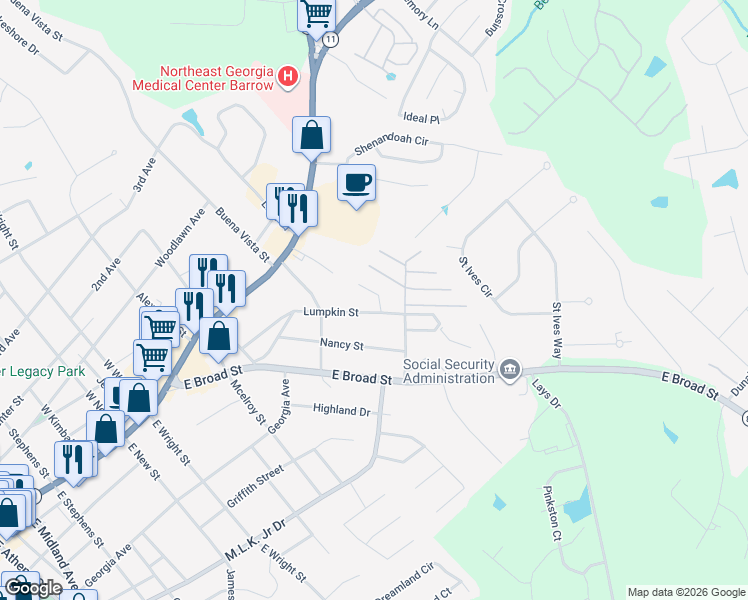 map of restaurants, bars, coffee shops, grocery stores, and more near 406 Missi Lane in Winder