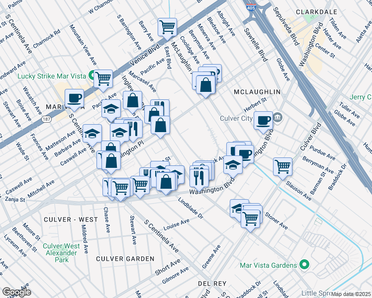 map of restaurants, bars, coffee shops, grocery stores, and more near 4107 Marcasel Avenue in Los Angeles