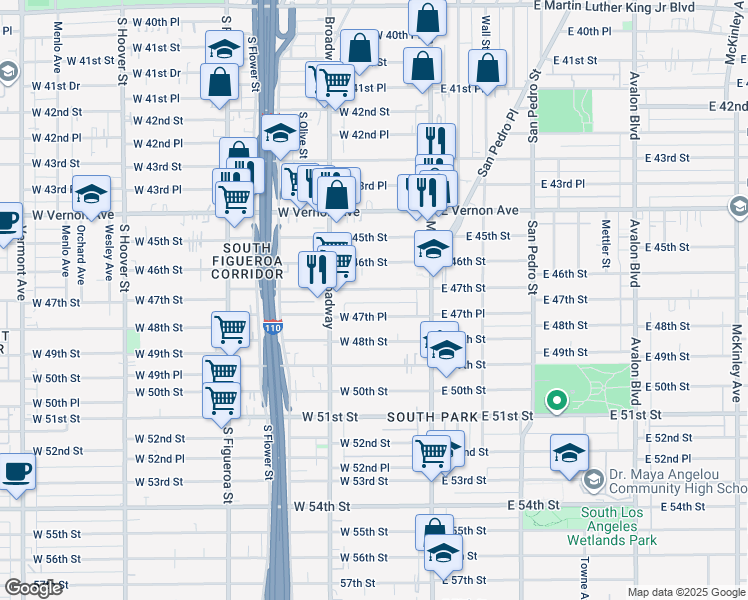 map of restaurants, bars, coffee shops, grocery stores, and more near 206 West 47th Street in Los Angeles