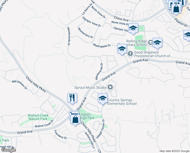 map of restaurants, bars, coffee shops, grocery stores, and more near 2300 Meadow View Lane in Chino Hills