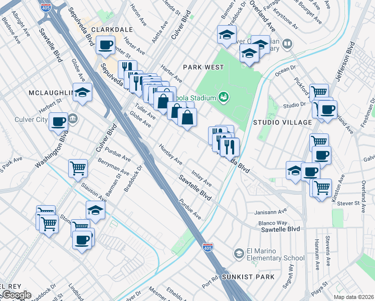 map of restaurants, bars, coffee shops, grocery stores, and more near 11205 Huntley Place in Culver City