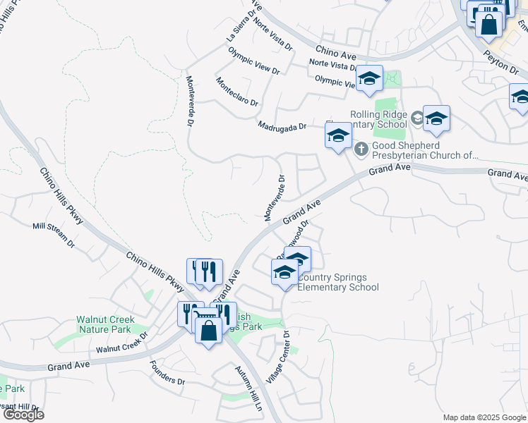 map of restaurants, bars, coffee shops, grocery stores, and more near 2300 Meadow View Lane in Chino Hills