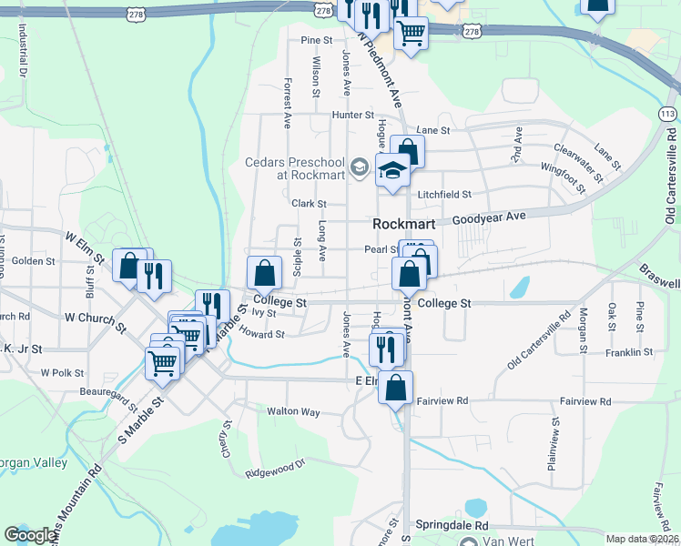map of restaurants, bars, coffee shops, grocery stores, and more near 435 Jones Avenue in Rockmart