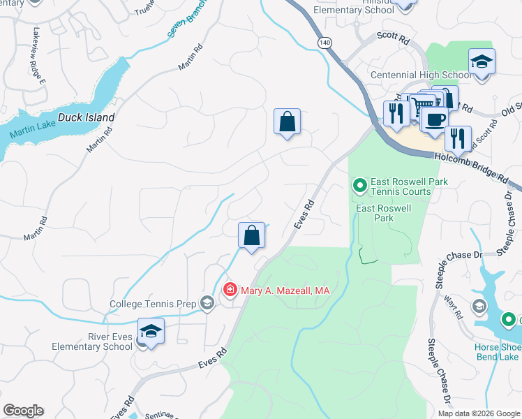 map of restaurants, bars, coffee shops, grocery stores, and more near 9119 Branch Valley Way in Roswell