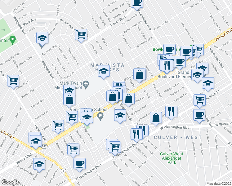 map of restaurants, bars, coffee shops, grocery stores, and more near 3780 Beethoven Street in Los Angeles