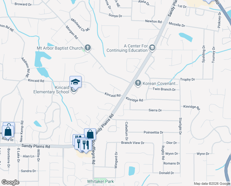 map of restaurants, bars, coffee shops, grocery stores, and more near 1574 Bungalow Park Drive in Marietta