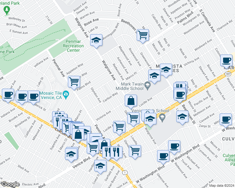 map of restaurants, bars, coffee shops, grocery stores, and more near 2100 Glencoe Avenue in Los Angeles