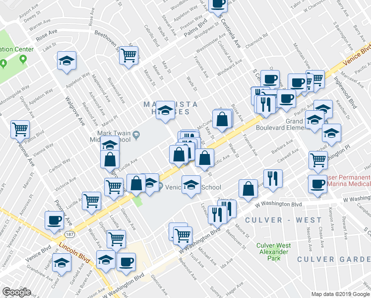 map of restaurants, bars, coffee shops, grocery stores, and more near 3780 Beethoven Street in Los Angeles