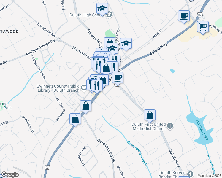 map of restaurants, bars, coffee shops, grocery stores, and more near 3467 Duluth Highway in Duluth