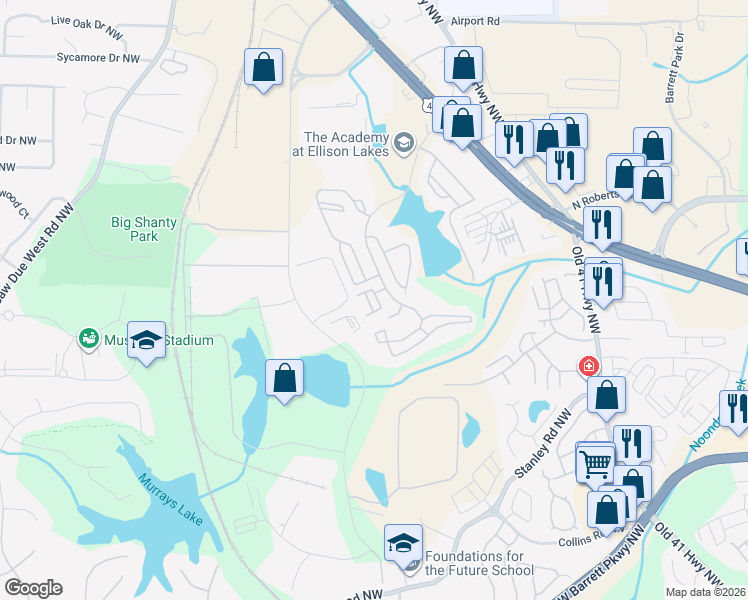 map of restaurants, bars, coffee shops, grocery stores, and more near 2163 Del Lago Circle in Kennesaw