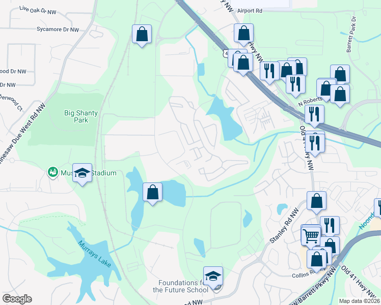 map of restaurants, bars, coffee shops, grocery stores, and more near 2130 Del Lago Circle in Kennesaw