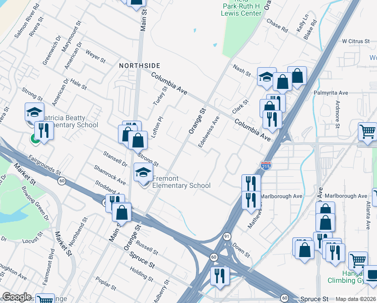 map of restaurants, bars, coffee shops, grocery stores, and more near 1594 Orange Street in Riverside
