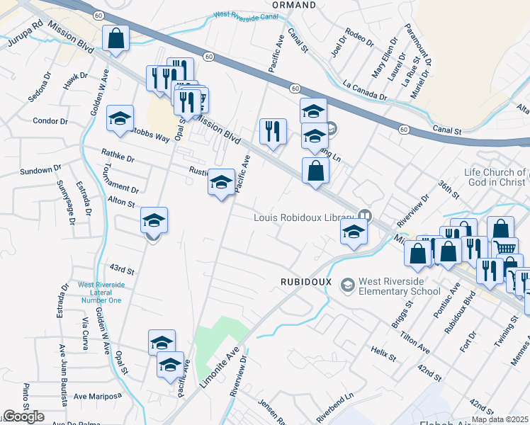 map of restaurants, bars, coffee shops, grocery stores, and more near 6015 Doris Drive in Riverside