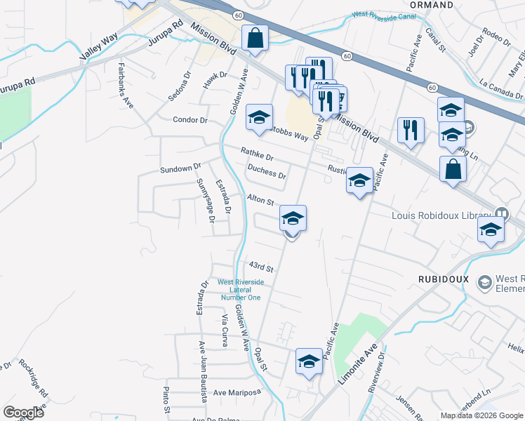 map of restaurants, bars, coffee shops, grocery stores, and more near 4170 Sue Lane in Riverside
