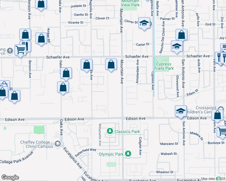 map of restaurants, bars, coffee shops, grocery stores, and more near 13980 Mountain Avenue in Chino