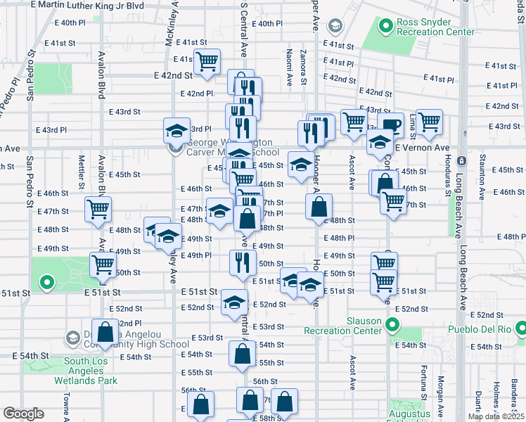 map of restaurants, bars, coffee shops, grocery stores, and more near 1140 East 47th Place in Los Angeles