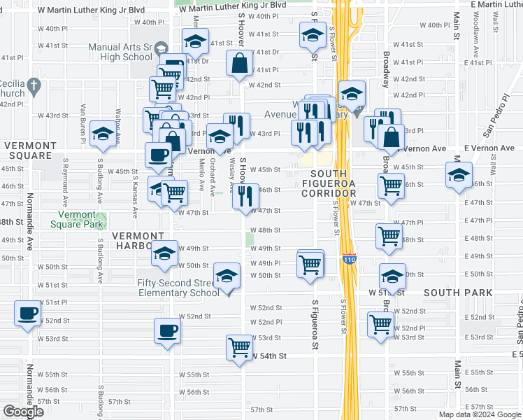 map of restaurants, bars, coffee shops, grocery stores, and more near 636 West 47th Street in Los Angeles