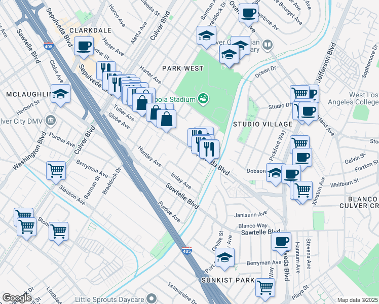 map of restaurants, bars, coffee shops, grocery stores, and more near 11222 Greenlawn Avenue in Culver City