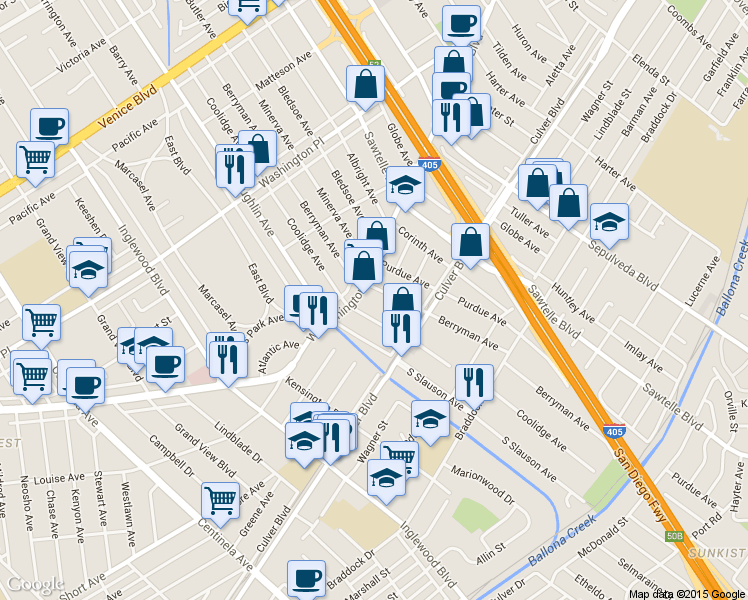 map of restaurants, bars, coffee shops, grocery stores, and more near 4320 Coolidge Avenue in Los Angeles