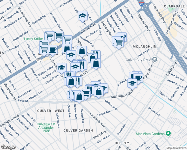 map of restaurants, bars, coffee shops, grocery stores, and more near 12072 Lamanda Street in Los Angeles