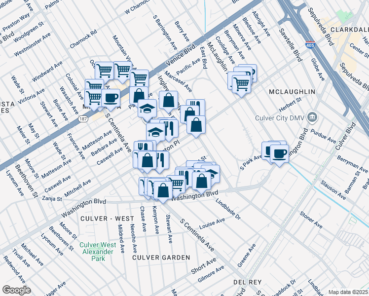 map of restaurants, bars, coffee shops, grocery stores, and more near 12072 Lamanda Street in Los Angeles