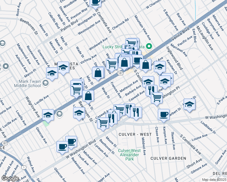 map of restaurants, bars, coffee shops, grocery stores, and more near 12547 Matteson Avenue in Los Angeles