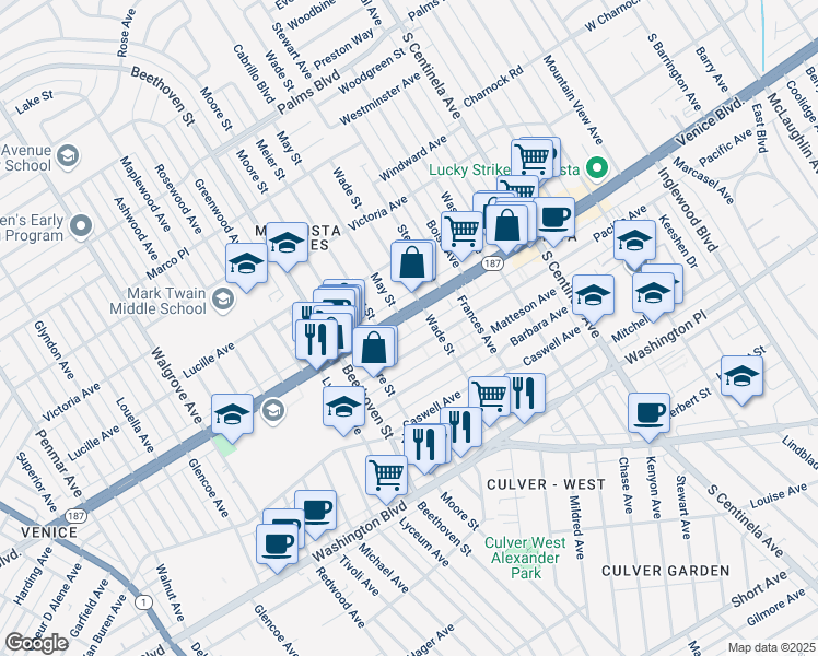 map of restaurants, bars, coffee shops, grocery stores, and more near 12732 Venice Boulevard in Los Angeles
