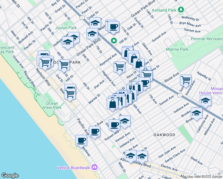 map of restaurants, bars, coffee shops, grocery stores, and more near 3129 6th Street in Santa Monica