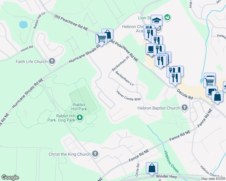 map of restaurants, bars, coffee shops, grocery stores, and more near 466 Hever Castle Way in Dacula