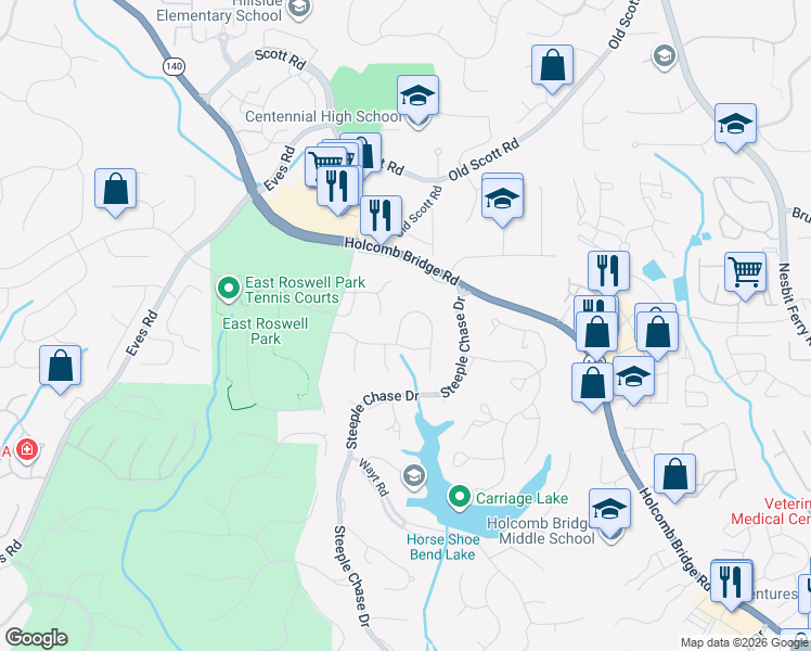 map of restaurants, bars, coffee shops, grocery stores, and more near 9045 Twelvestones Drive in Roswell