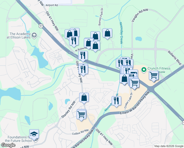 map of restaurants, bars, coffee shops, grocery stores, and more near 1540 Silvaner Avenue in Kennesaw