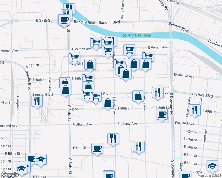map of restaurants, bars, coffee shops, grocery stores, and more near 4719 S Boyle Ave in Vernon
