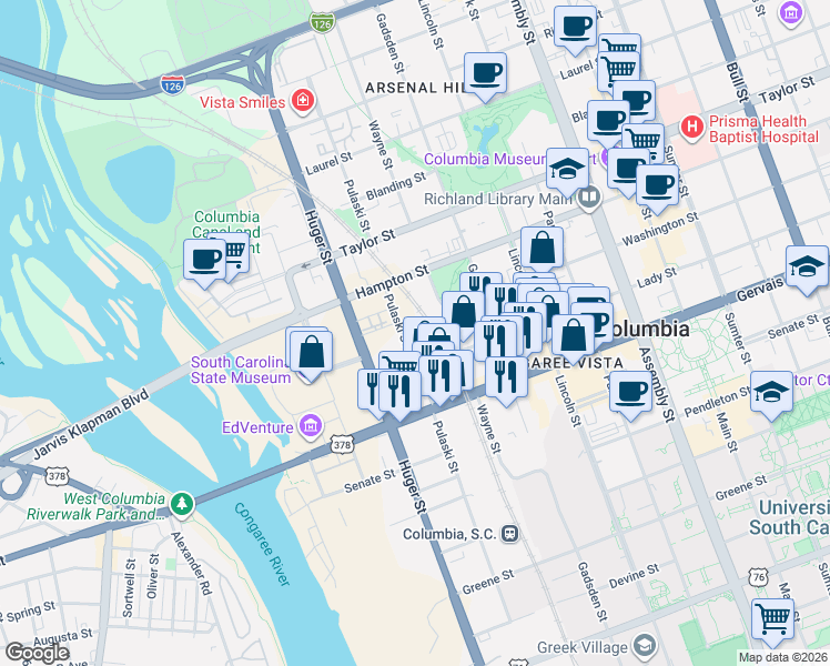 map of restaurants, bars, coffee shops, grocery stores, and more near 1324 Pulaski Street in Columbia