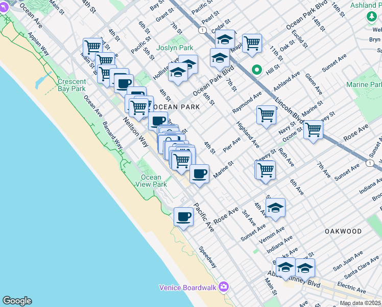 map of restaurants, bars, coffee shops, grocery stores, and more near 2820 3rd Street in Santa Monica