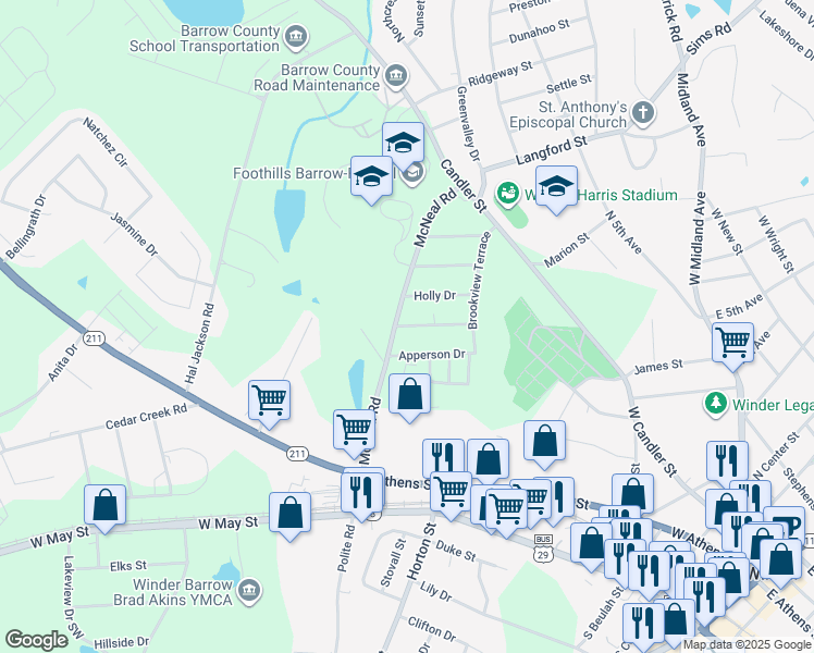 map of restaurants, bars, coffee shops, grocery stores, and more near 268 Springdale Drive in Winder