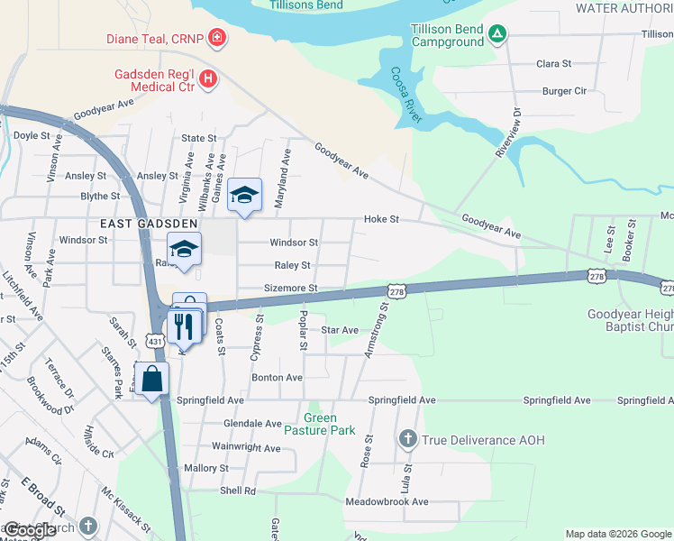 map of restaurants, bars, coffee shops, grocery stores, and more near 1227 Raley Street in Gadsden