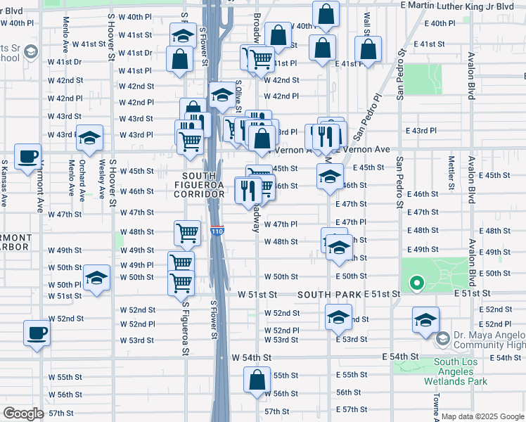 map of restaurants, bars, coffee shops, grocery stores, and more near 4710 South Broadway in Los Angeles