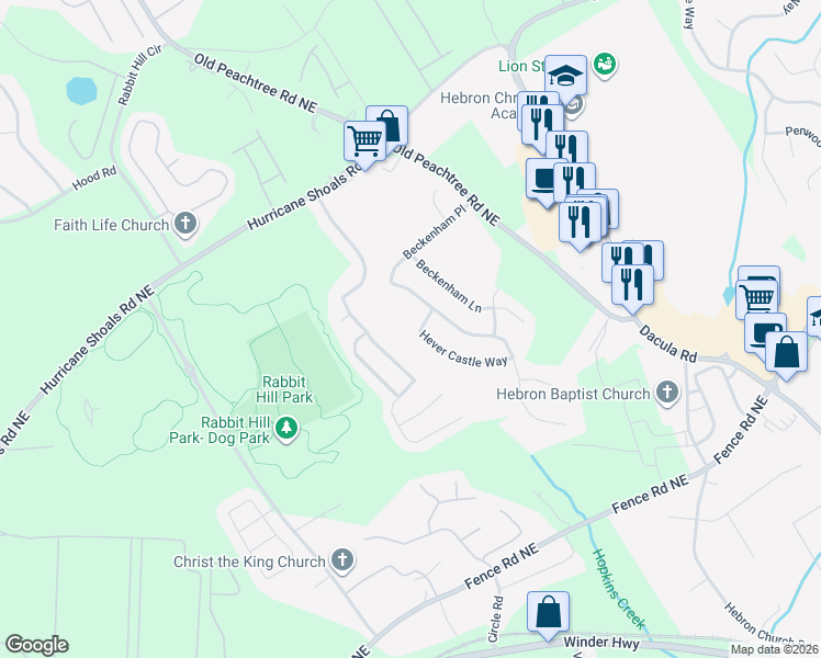 map of restaurants, bars, coffee shops, grocery stores, and more near 466 Hever Castle Way in Dacula