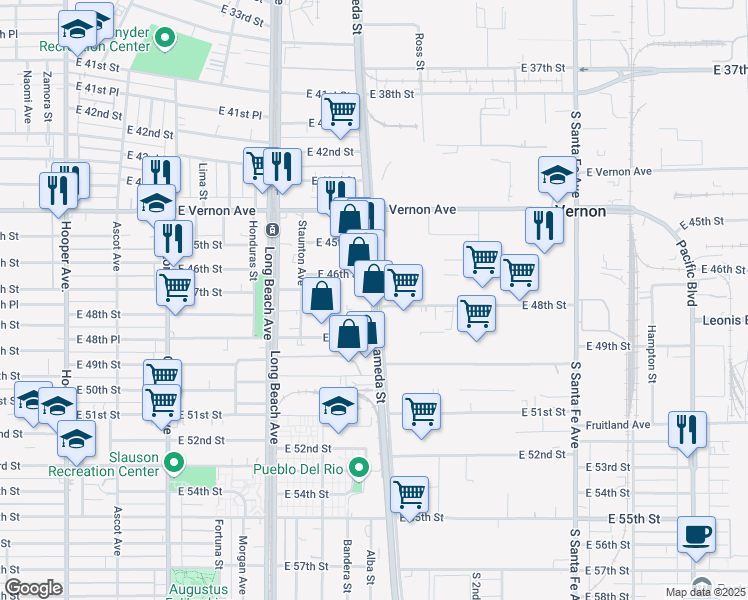 map of restaurants, bars, coffee shops, grocery stores, and more near 4615 S Alameda St in Vernon
