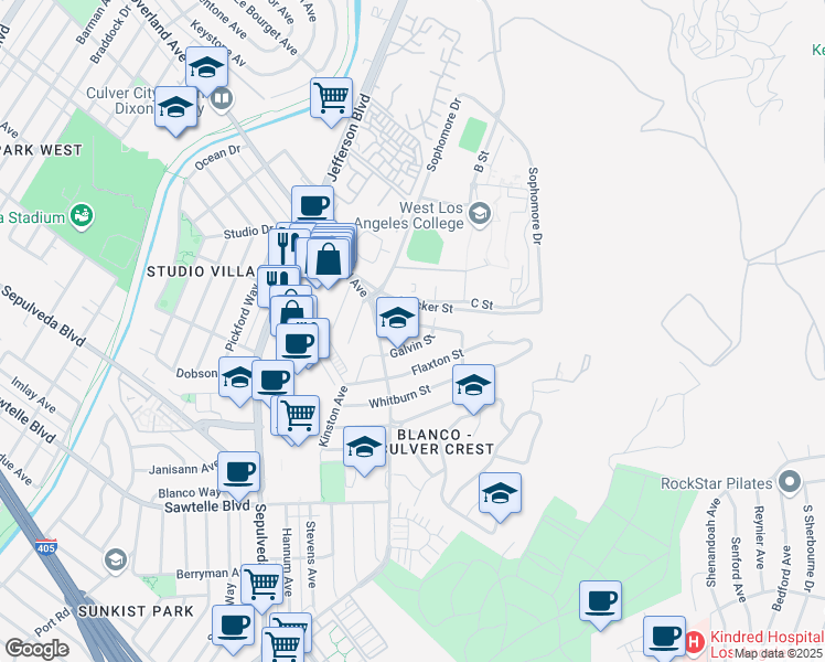 map of restaurants, bars, coffee shops, grocery stores, and more near 10760 Northgate Street in Culver City