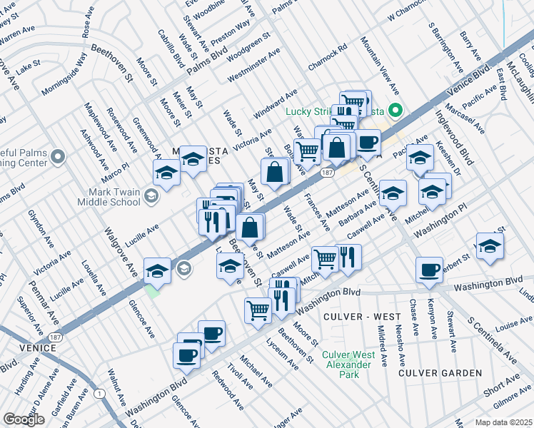 map of restaurants, bars, coffee shops, grocery stores, and more near 12732 Venice Boulevard in Los Angeles