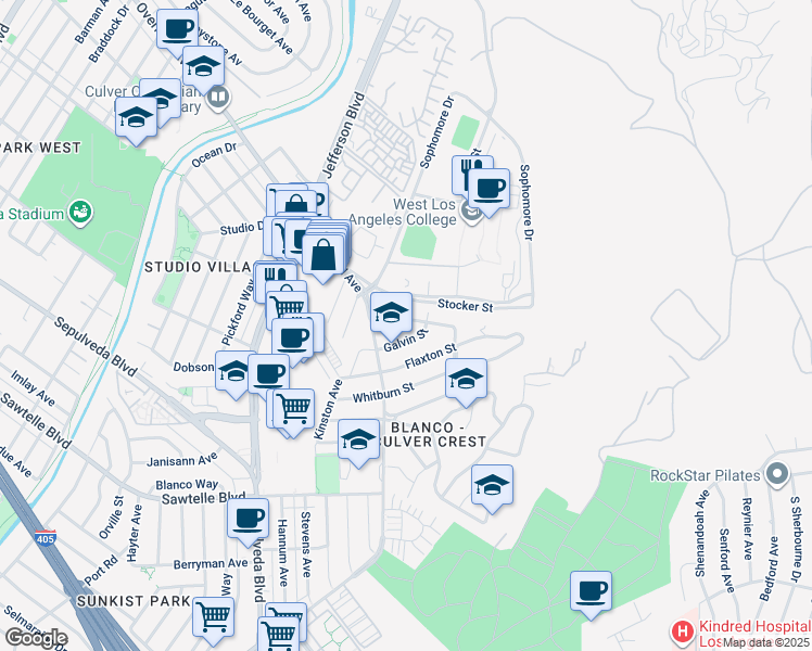 map of restaurants, bars, coffee shops, grocery stores, and more near 10760 Northgate Street in Culver City