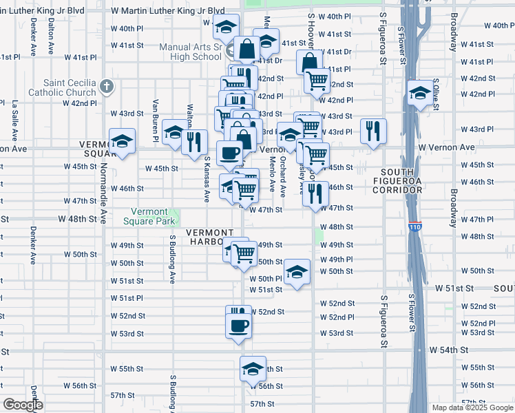 map of restaurants, bars, coffee shops, grocery stores, and more near 938 1/2 West 47th Street in Los Angeles