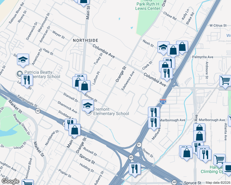 map of restaurants, bars, coffee shops, grocery stores, and more near 1594 Orange Street in Riverside